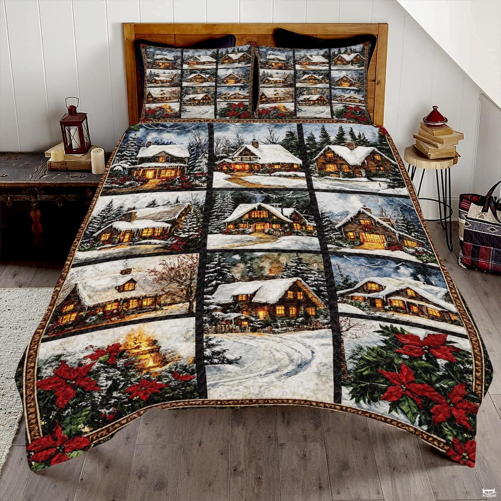 Frost slate snowman holiday winter bedding set displayed on a bed in a festive winter bedroom