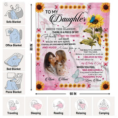 Sunflower daughter throw blanket view 4 highlighting sunflower blooms, butterflies, and pastel pink background