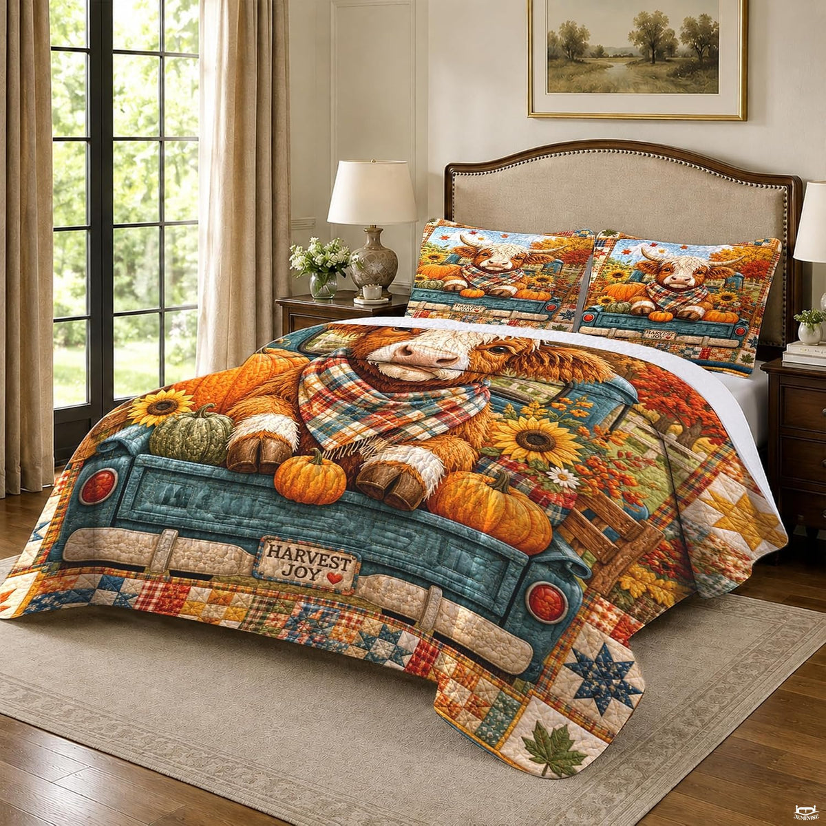 Top-down view of Highland cow and teal truck autumn bedding set neatly arranged on a farmhouse mattress