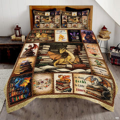 Dragon library collage bedding in a bright bedroom