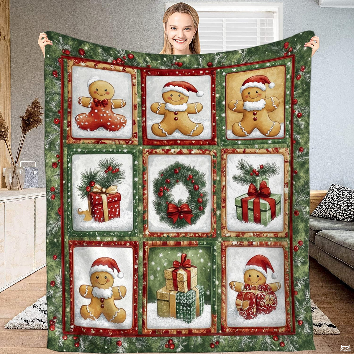 Gingerbread man Christmas wreath throw blanket featuring gingerbread cookies, gift boxes, and evergreen wreath