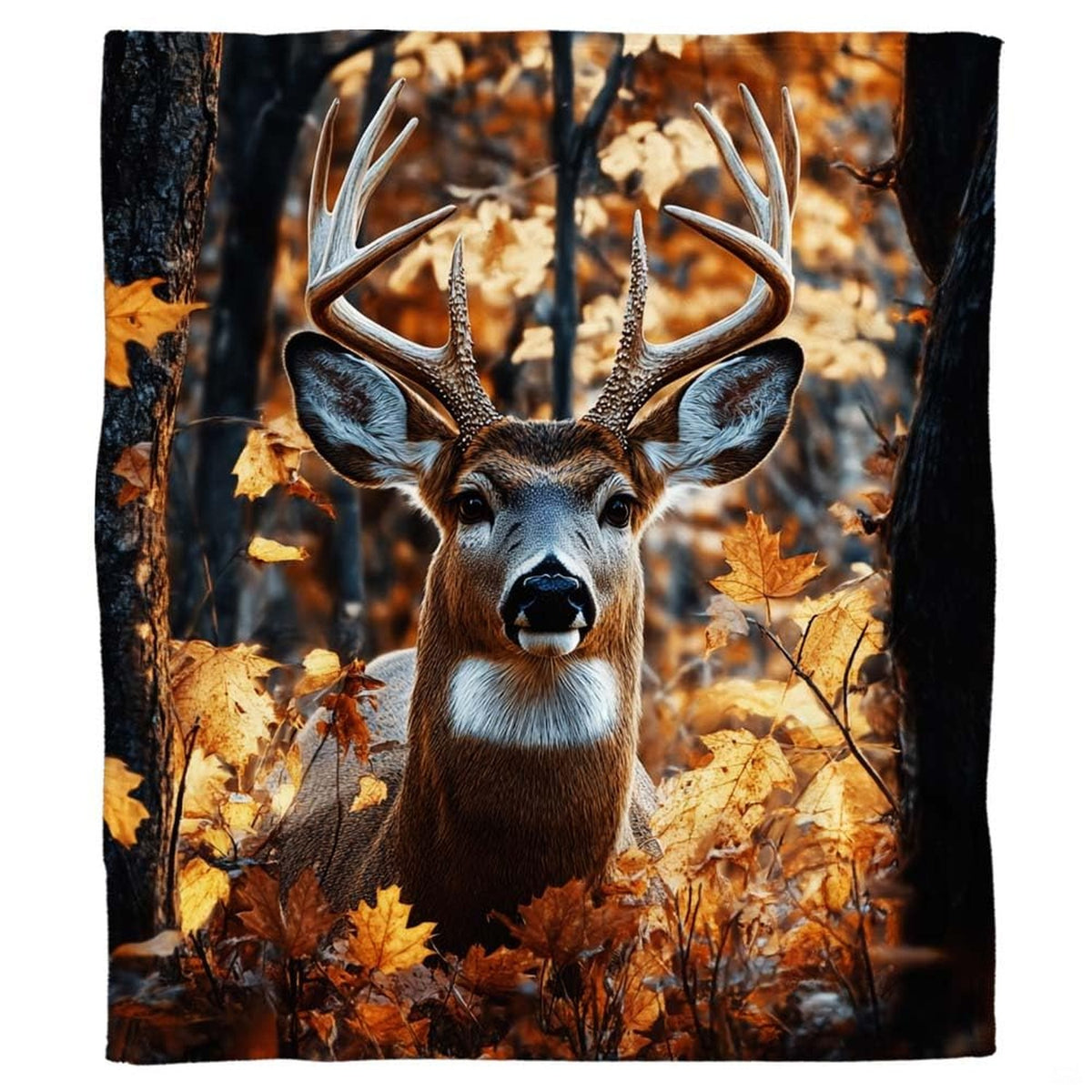 Majestic antlered deer surrounded by amber fall foliage in a nature-inspired bedroom set.