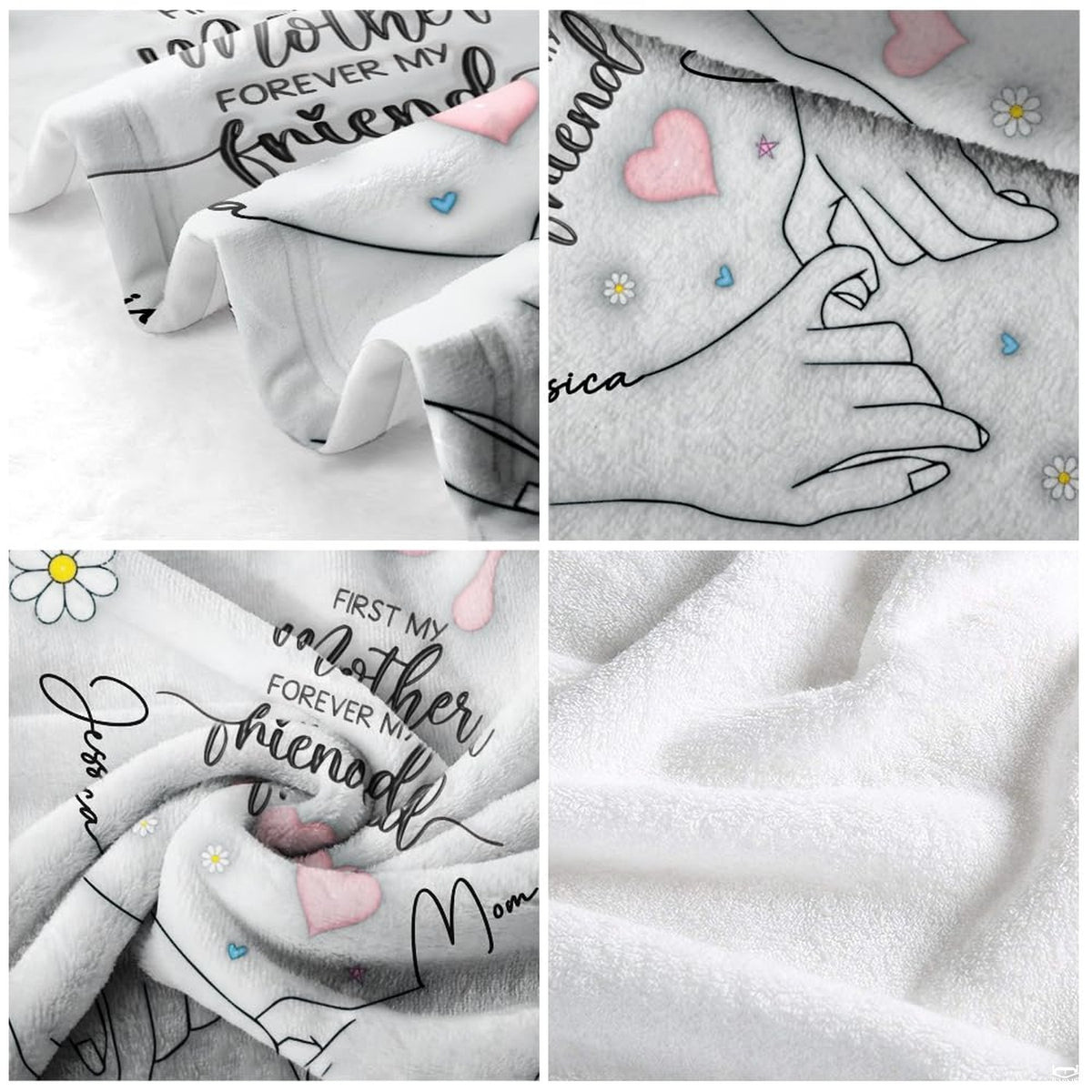 Minimalist mother and daughter pinky promise line art with daisies and pink hearts, view 6.