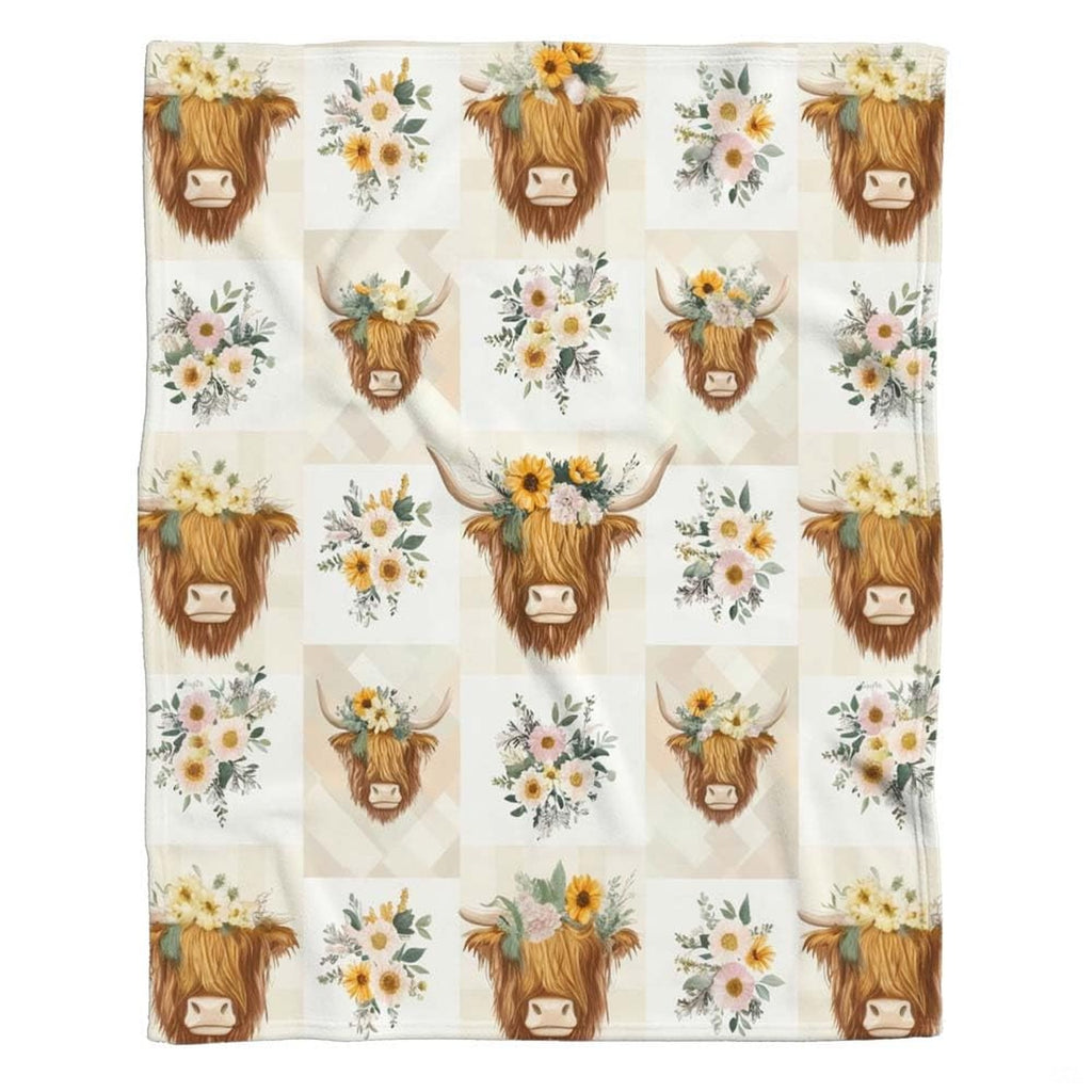 Repeating grid pattern of Highland cows in flower crowns and botanical bouquets on gingham, view 1.