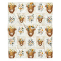 Repeating grid pattern of Highland cows in flower crowns and botanical bouquets on gingham, view 1.