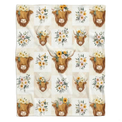Repeating grid pattern of Highland cows in flower crowns and botanical bouquets on gingham, view 1.