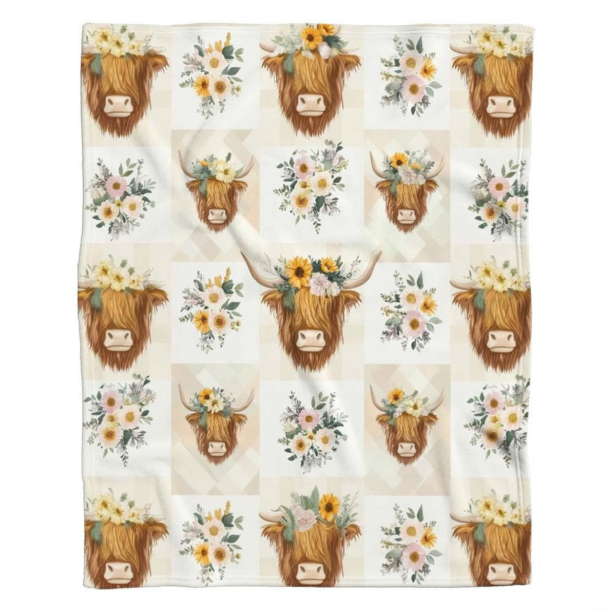 Repeating grid pattern of Highland cows in flower crowns and botanical bouquets on gingham, view 1.