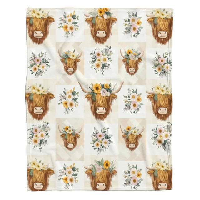 Repeating grid pattern of Highland cows in flower crowns and botanical bouquets on gingham, view 1.