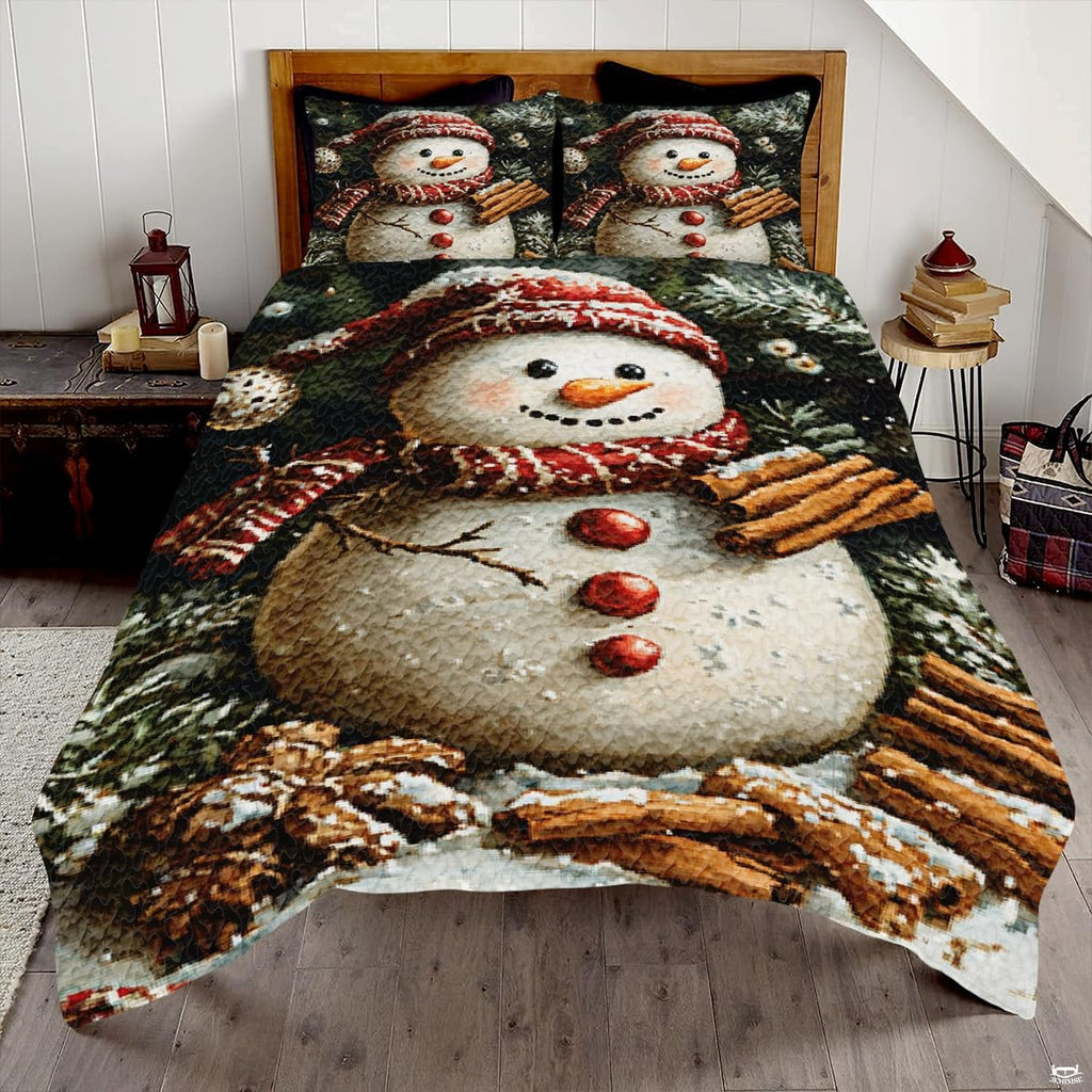 Cedar bronze snowman holiday winter bedding set displayed on a bed in a rustic winter bedroom