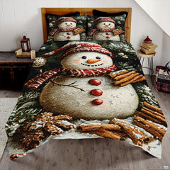 Cedar bronze snowman holiday winter bedding set displayed on a bed in a rustic winter bedroom