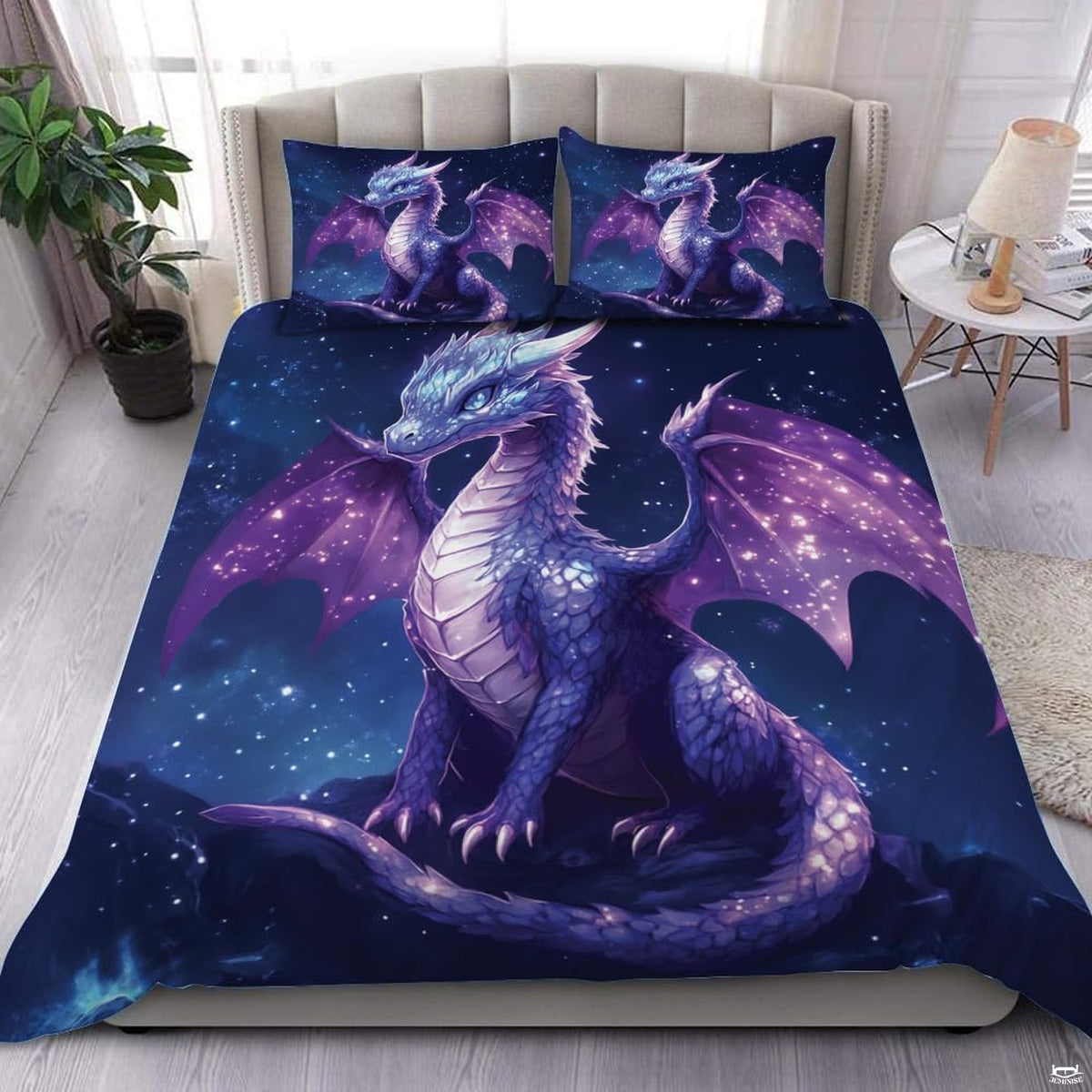 Purple galaxy dragon bedding in a bright bedroom