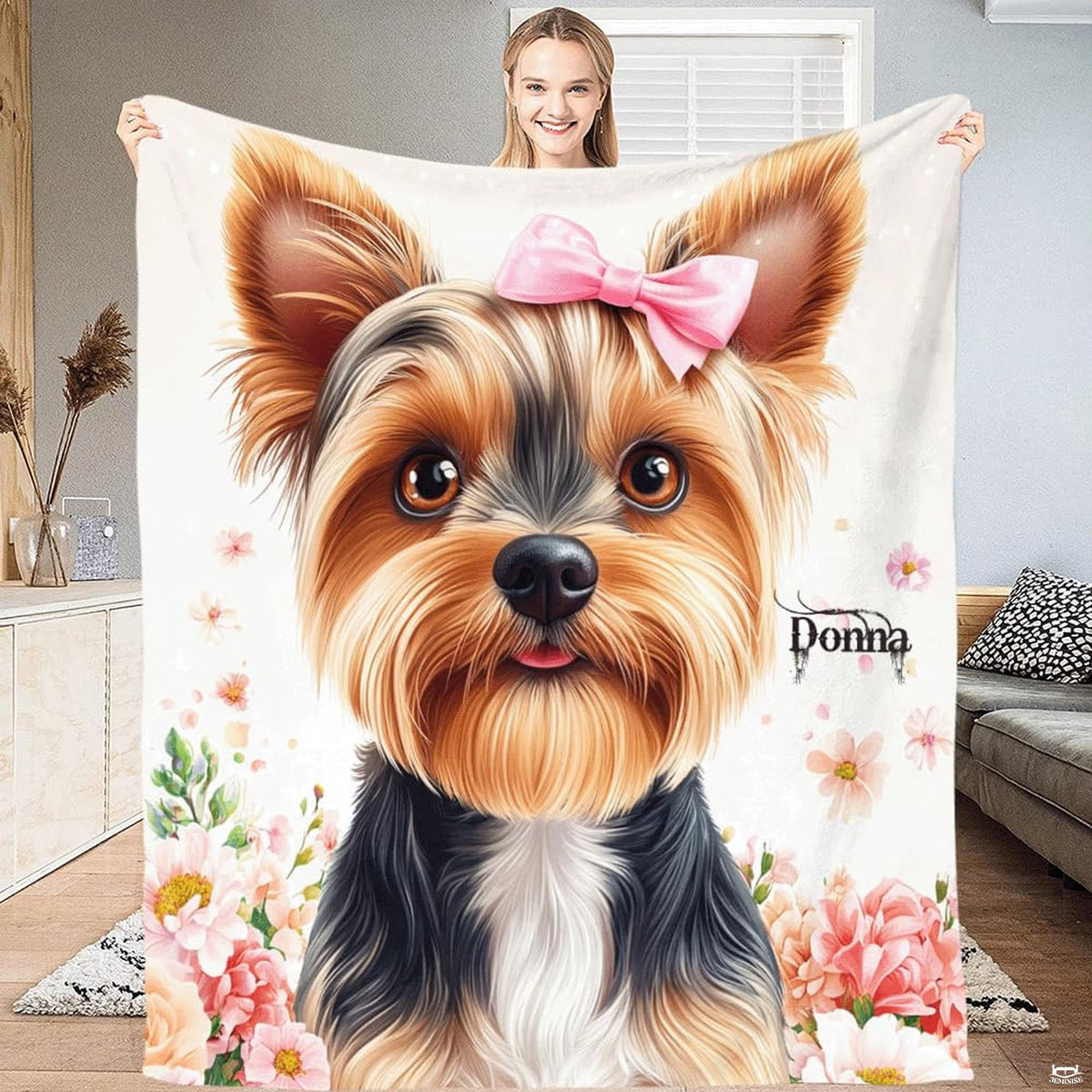 Close-up visual of Yorkshire Terrier dog artwork with warm brown eyes on charming yorkie bedding.