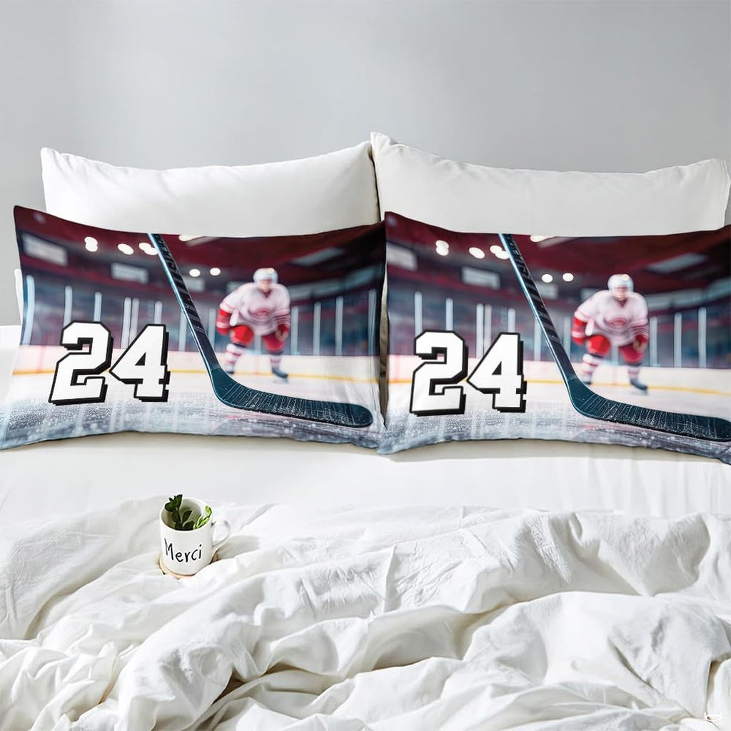 Side angle view of athletic winter sports bedding showing deep indigo violet and lilac tones on mattress
