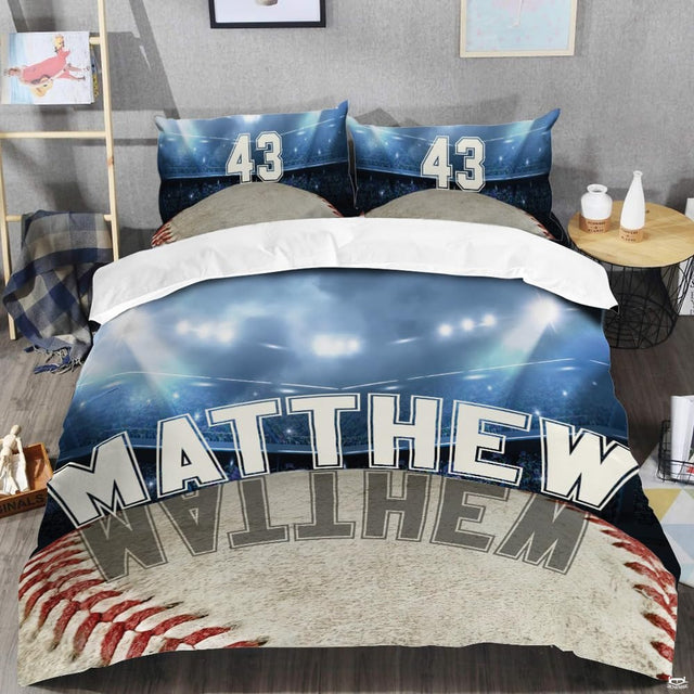 Bedding visual highlighting illuminated ballpark floodlights and rich navy crowd scenery.