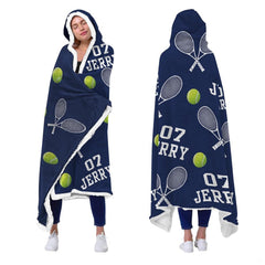 Tennis rackets navy blue hooded blanket displayed from behind
