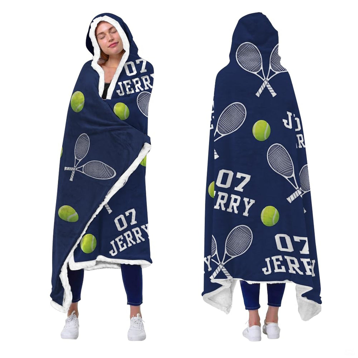 Tennis rackets navy blue hooded blanket displayed from behind