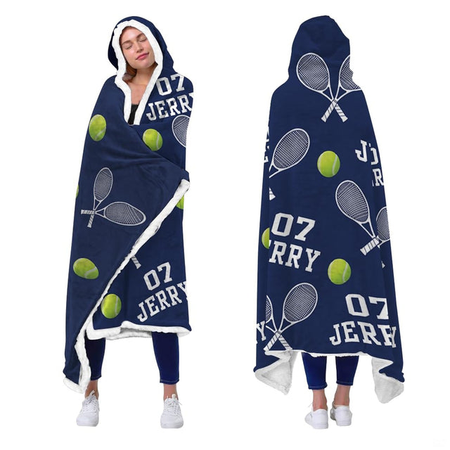 Tennis rackets navy blue hooded blanket displayed from behind