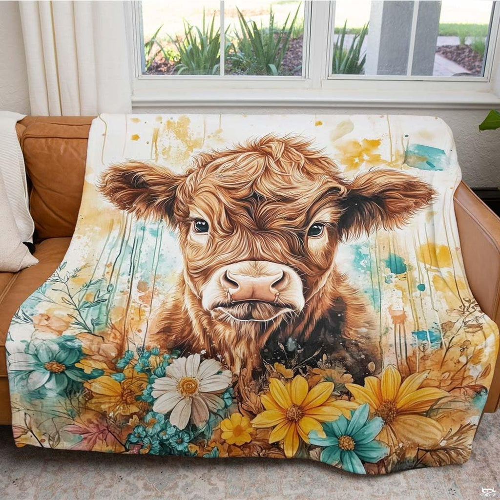 Watercolor painting of baby Highland calf with paint splatters and colorful daisies, view 4.