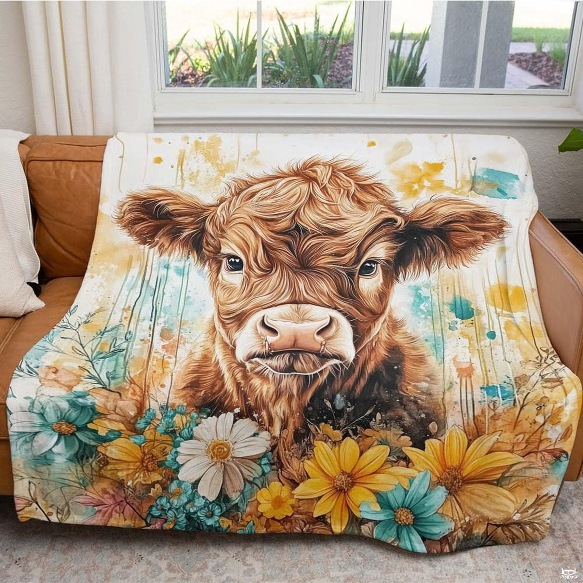 Watercolor painting of baby Highland calf with paint splatters and colorful daisies, view 4.