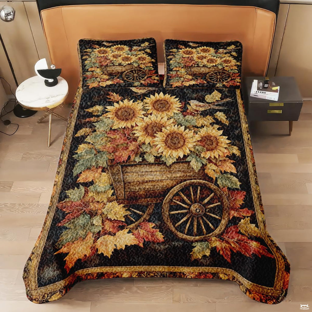 Detail view of decorative pumpkin bedding set highlighting crisp botanical linework and dark espresso graphic contours.