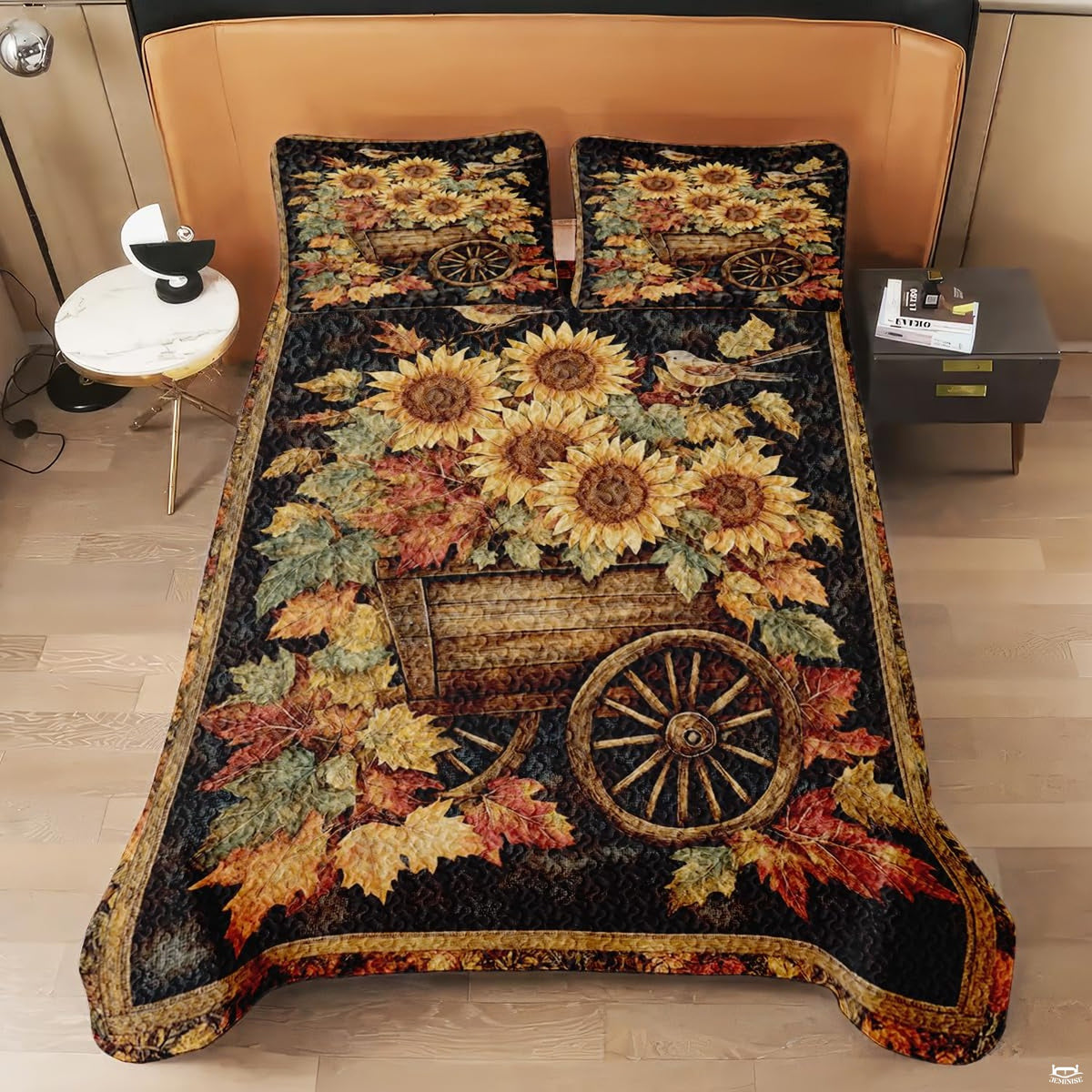Detail view of decorative pumpkin bedding set highlighting crisp botanical linework and dark espresso graphic contours.