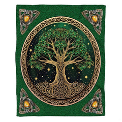 Circle bedding set displaying intricate golden Celtic borders and starry background art.
