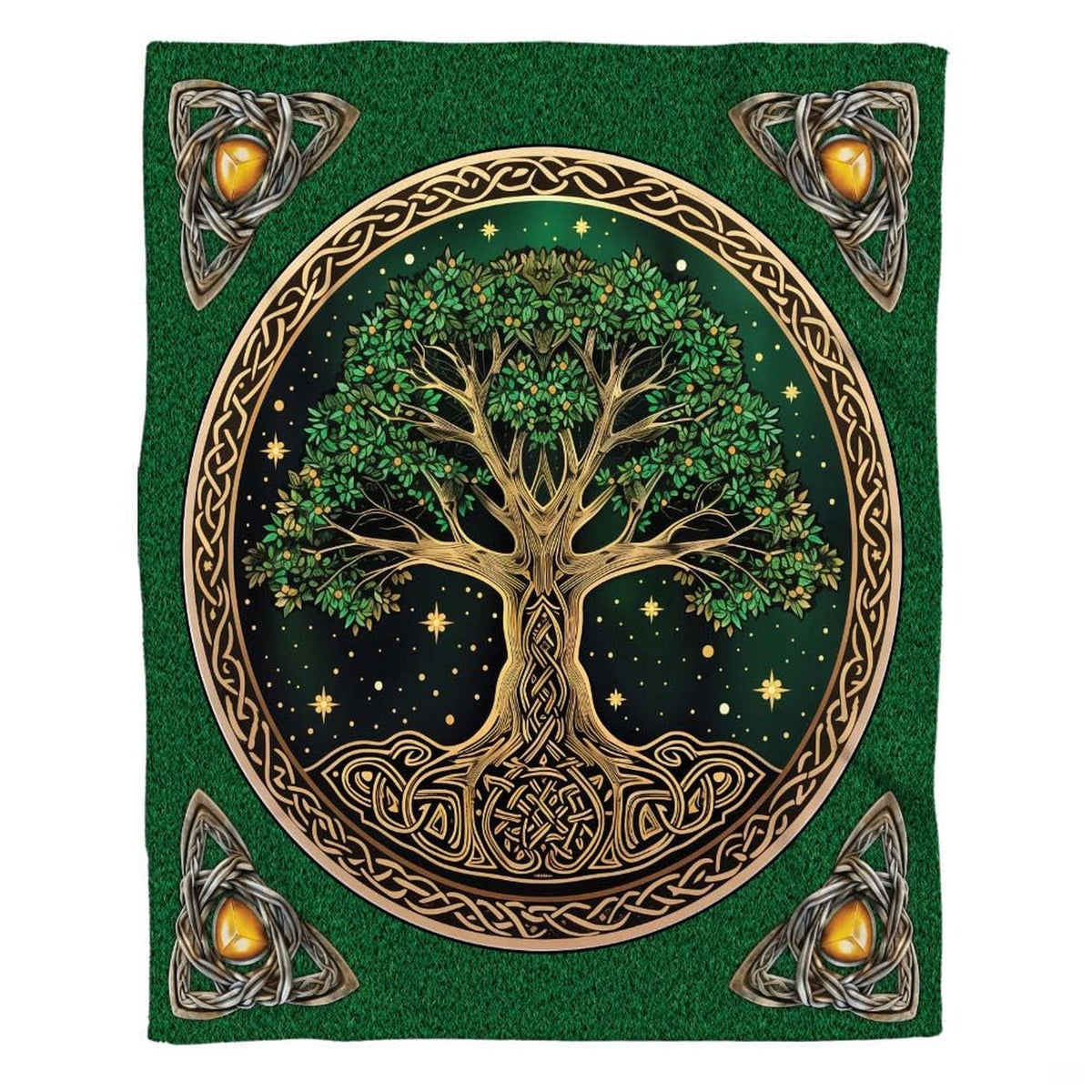 Circle bedding set displaying intricate golden Celtic borders and starry background art.