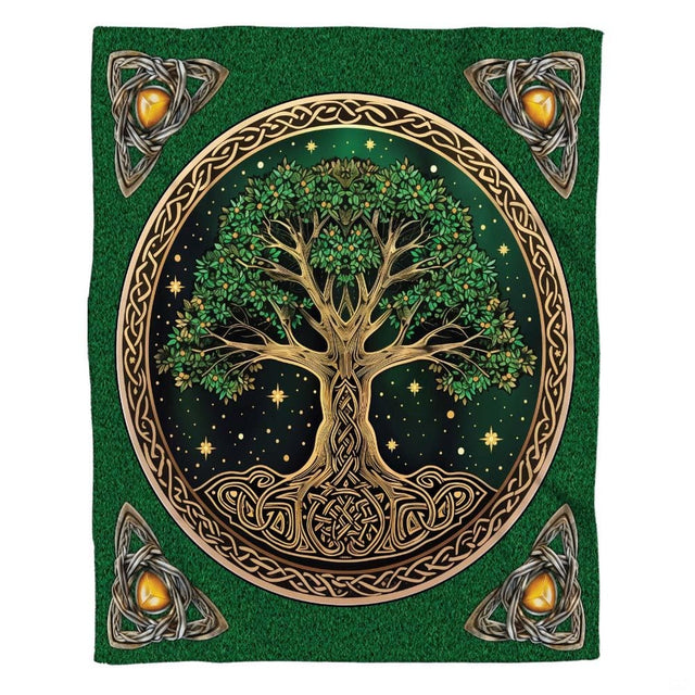 Circle bedding set displaying intricate golden Celtic borders and starry background art.