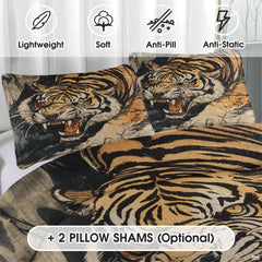 Close view of roaring tiger pillow art and striped bed design
