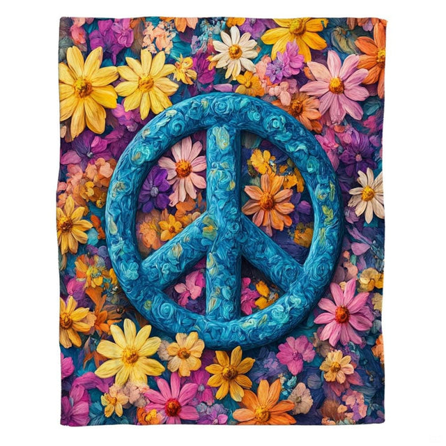 Close-up of vibrant coral, yellow, and magenta floral petals encircling a blue painted peace emblem.