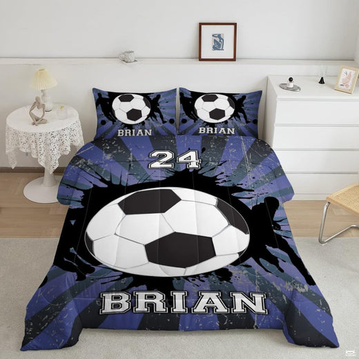 Soccer player silhouette bedding featuring a central soccer ball with grunge splatter on purple sunburst backdrop