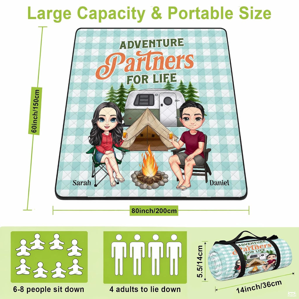 Cartoon couple by campfire and teardrop camper trailer on mint gingham, view 3.