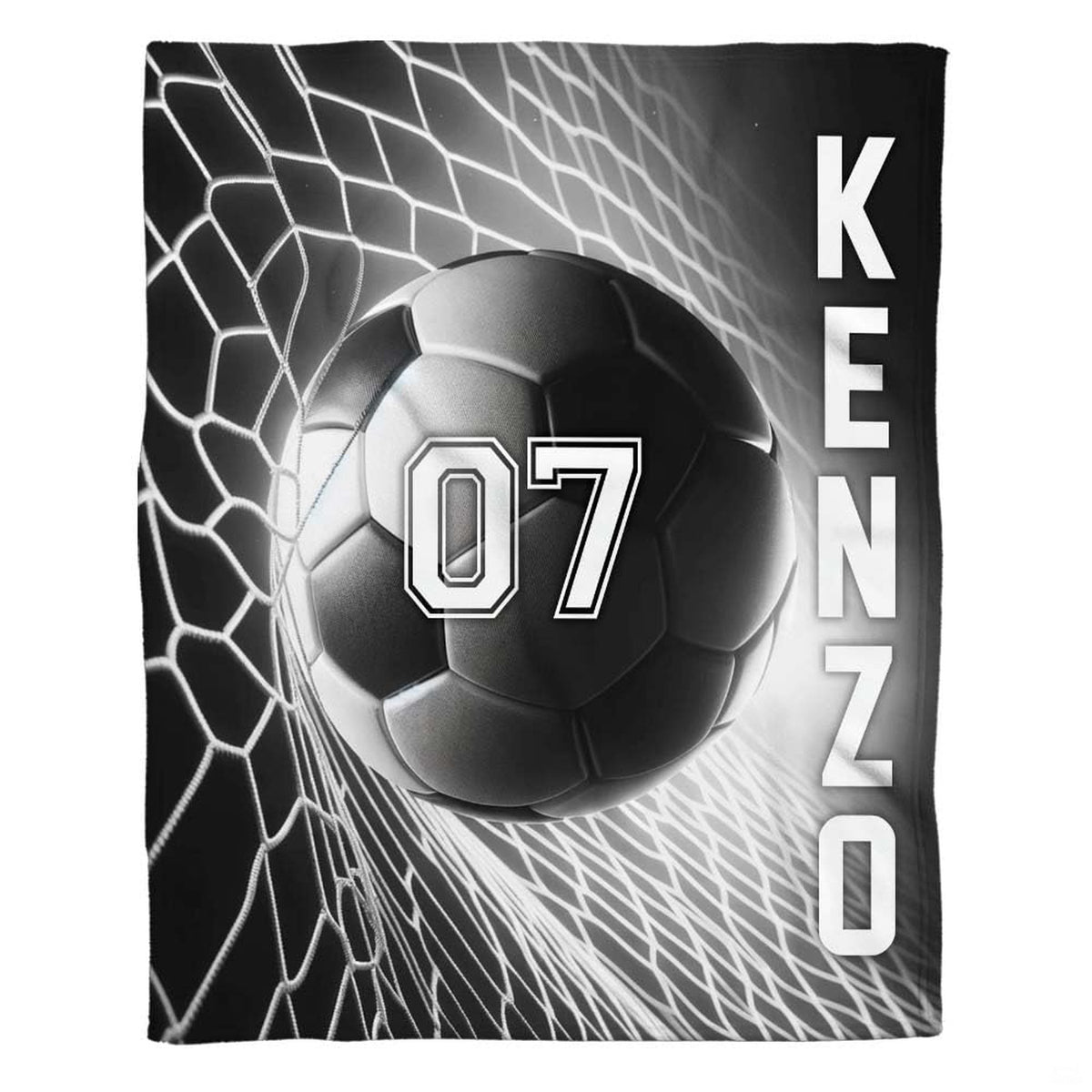 Soccer ball hitting goal net graphic textile laid flat in studio