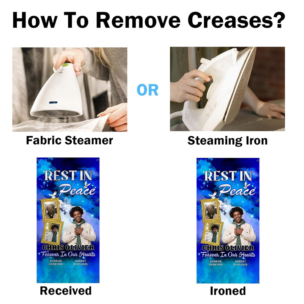 Before-and-after demonstration showing the smooth finish of the blue celestial tribute blanket.