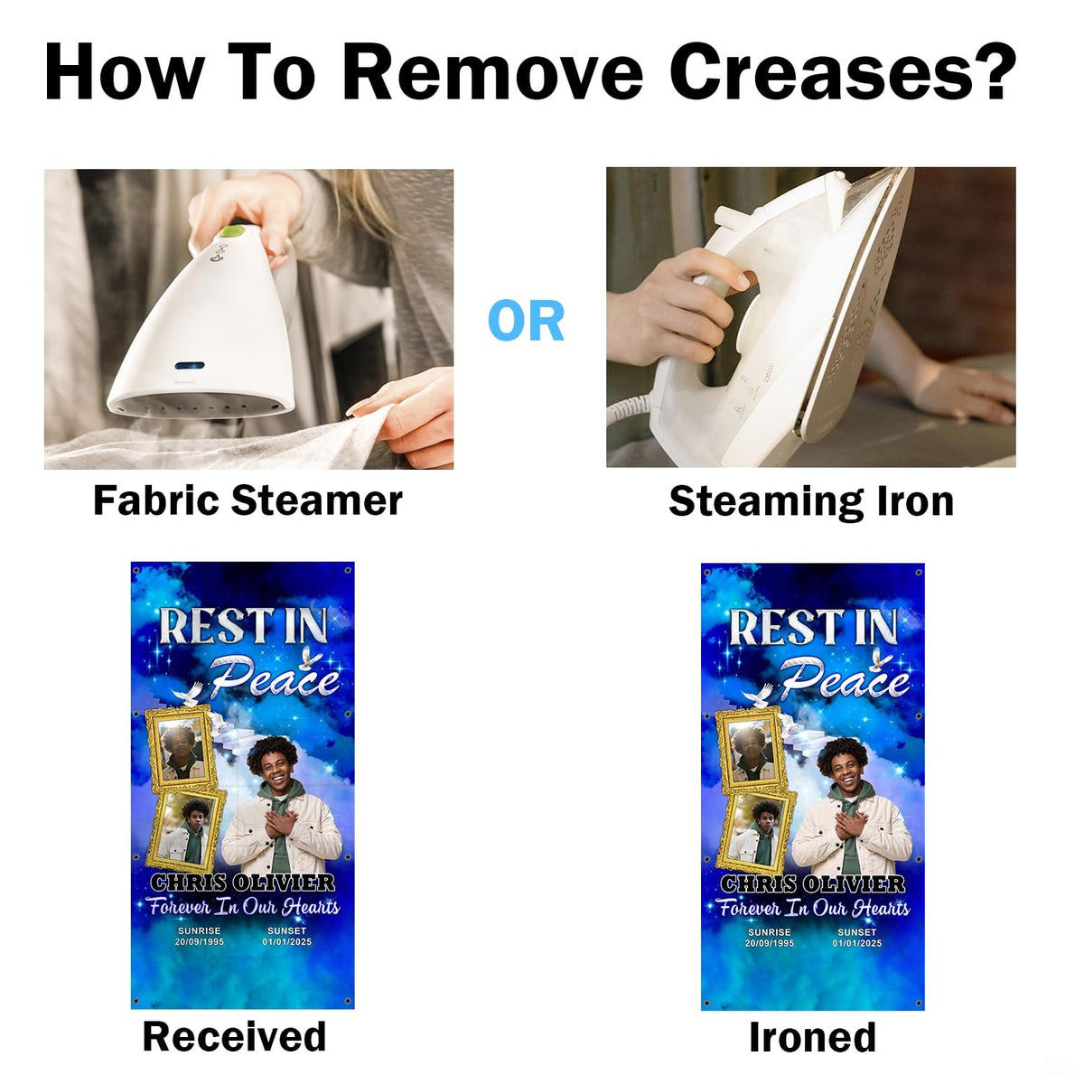 Before-and-after demonstration showing the smooth finish of the blue celestial tribute blanket.