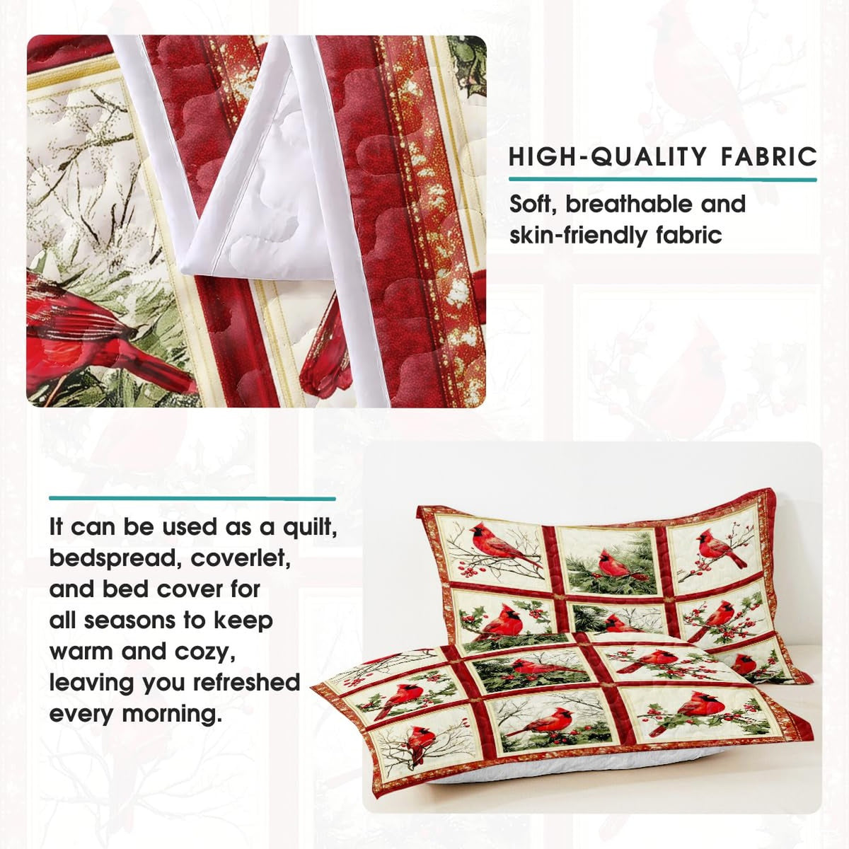 Rustic bedroom styling of red cardinal bedding set arranged on a wooden bed frame with coordinated holiday room decor.