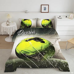 Neon yellow soccer bedding displaying an electric lime ball hitting a goal net with water spray on dark backdrop