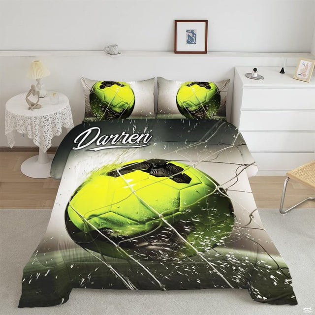 Neon yellow soccer bedding displaying an electric lime ball hitting a goal net with water spray on dark backdrop
