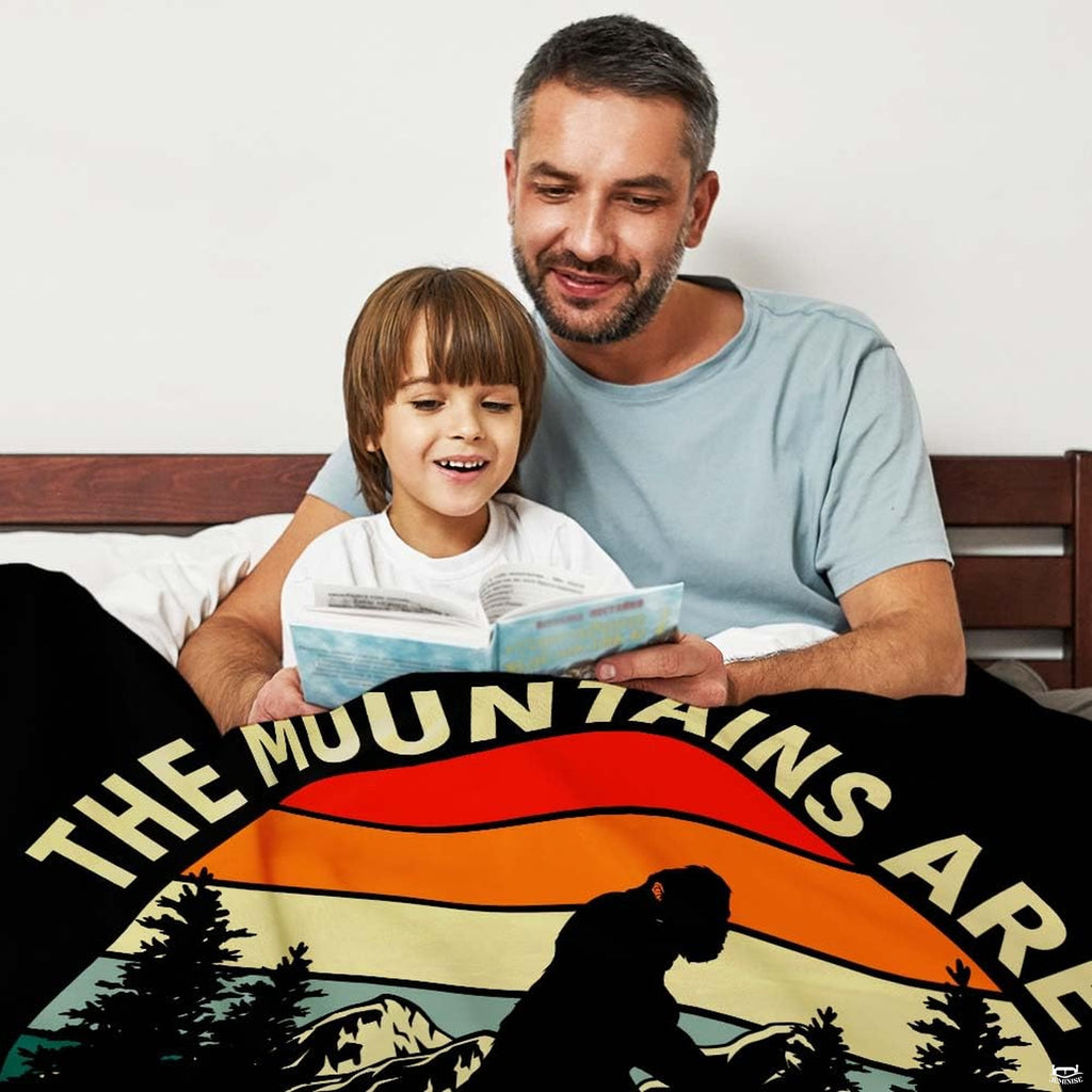 Retro sunset mountain badge with Bigfoot silhouette and mountains are calling quote, view 2.