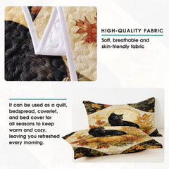 High-angle view of autumn leaf bedding set presenting balanced geometric patchwork tiles and foliage motifs on bed.
