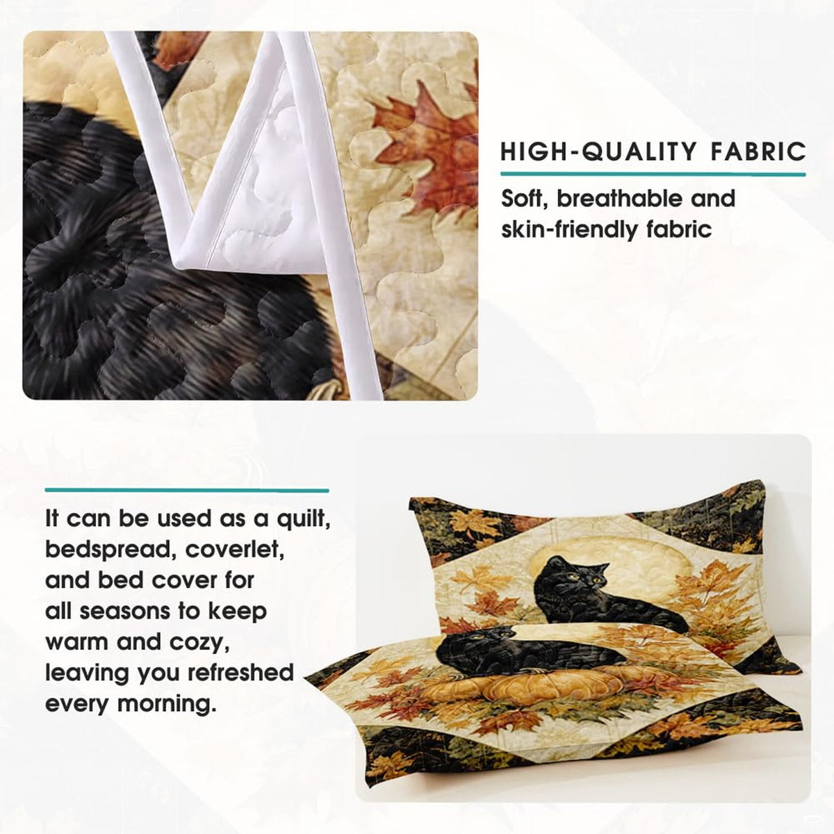 High-angle view of autumn leaf bedding set presenting balanced geometric patchwork tiles and foliage motifs on bed.