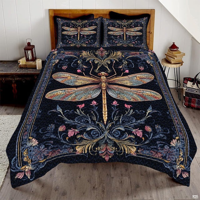 Ornate dragonfly bedding in a bright bedroom