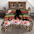Cheetah pattern Bigfoot bedding set featuring an iconic Sasquatch silhouette and wild animal spots on a bed