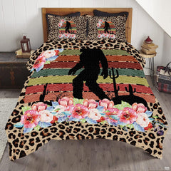 Cheetah pattern Bigfoot bedding set featuring an iconic Sasquatch silhouette and wild animal spots on a bed