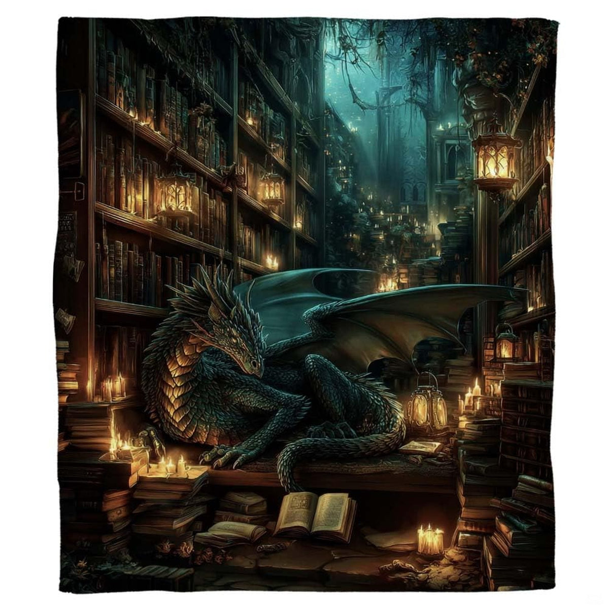 Close-up of mythical dragon artwork resting peacefully amidst antique bookshelves and glowing lanterns on bedding decor.