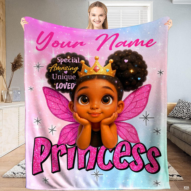Fairy thematic accent with afro puffs and golden tiara on pastel pink and sky blue bedding set.