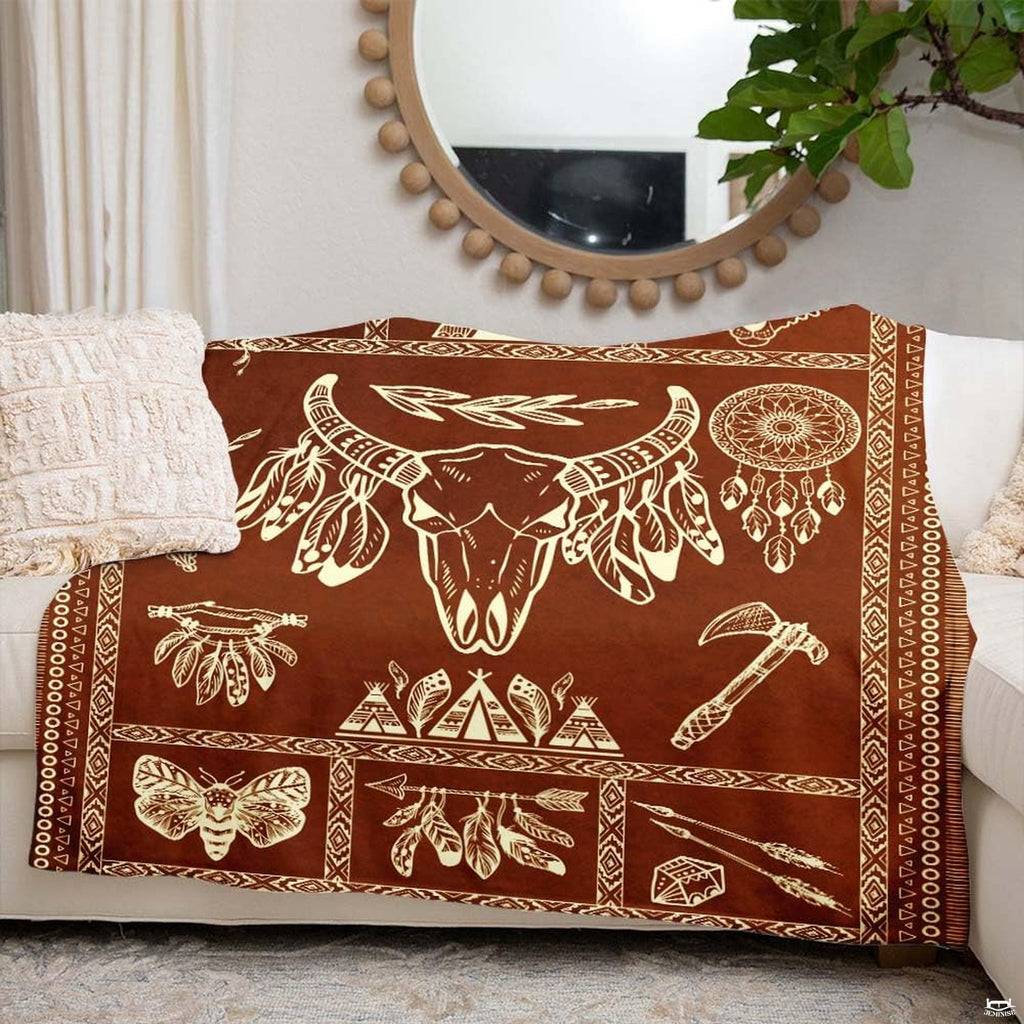 Southwestern steer skull with feathers, dreamcatchers, and geometric tribal borders, view 6.