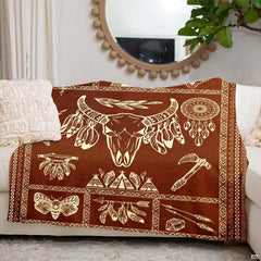 Southwestern steer skull with feathers, dreamcatchers, and geometric tribal borders, view 6.