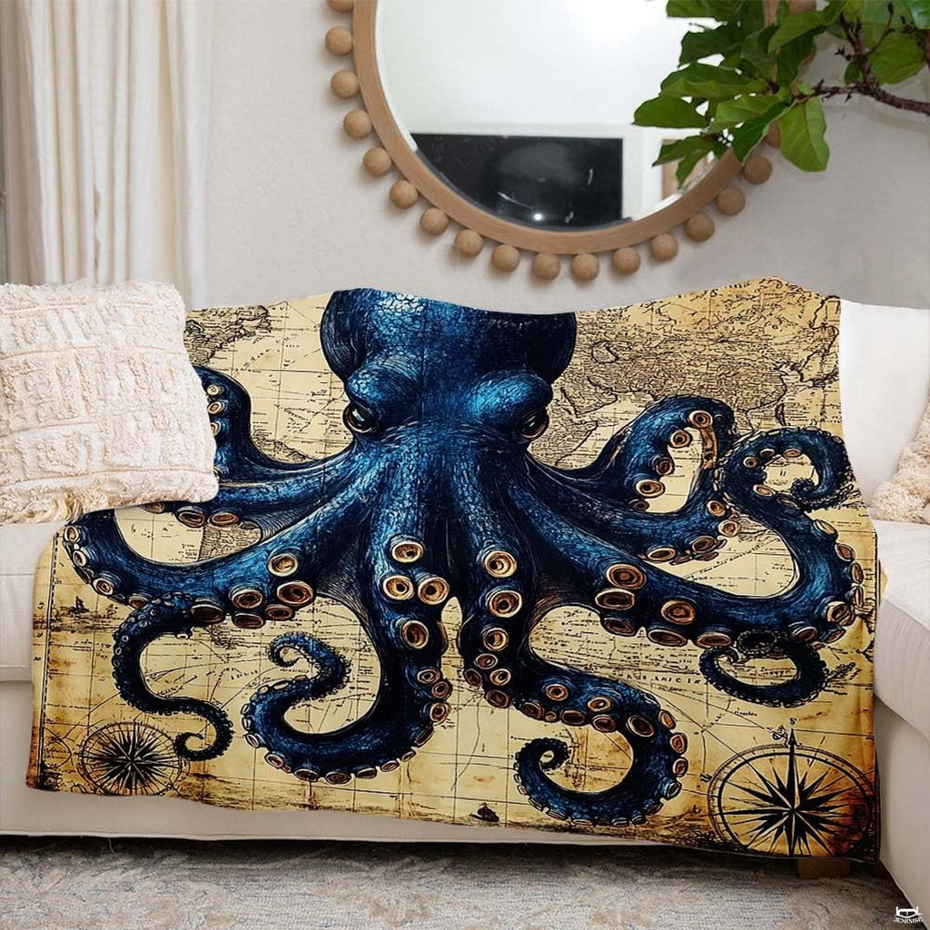 Mythical kraken octopus bedding set creating a dramatic maritime focal point in a coastal-inspired bedroom.