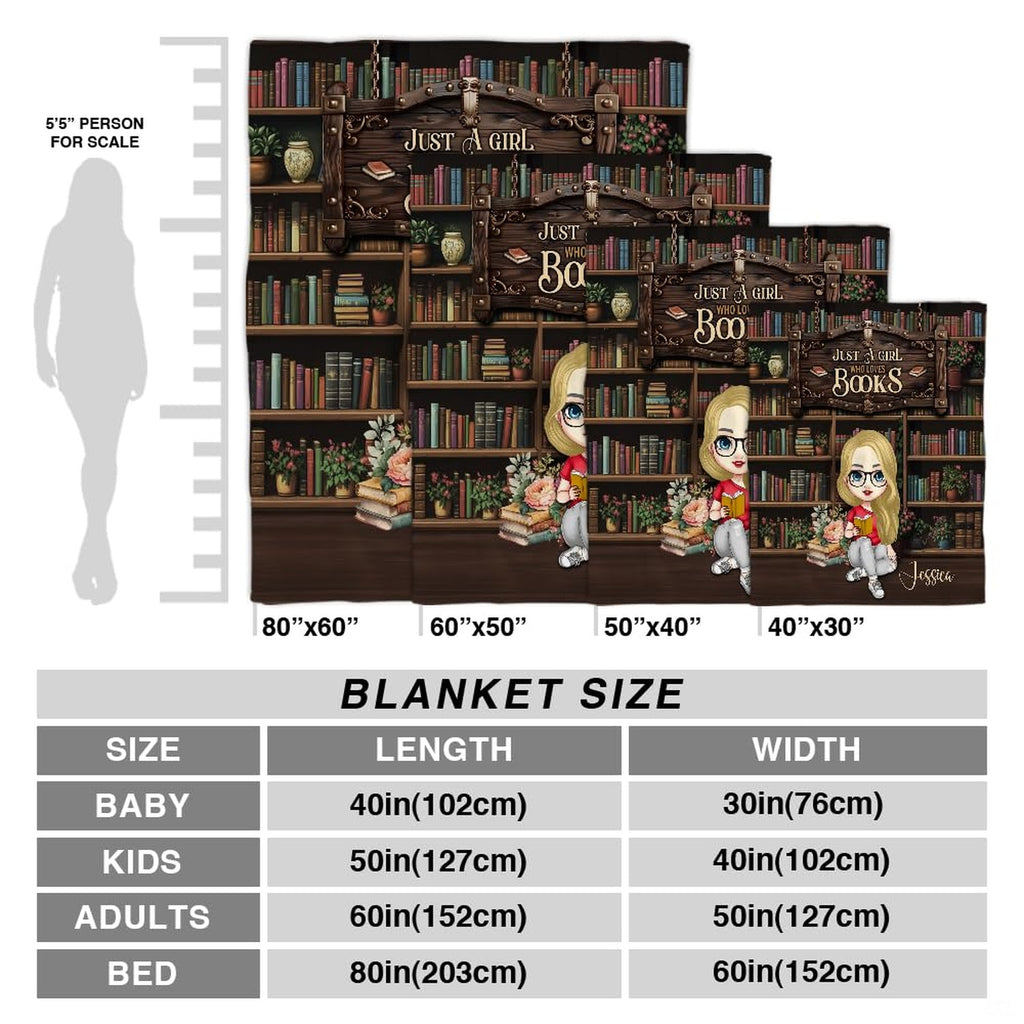 Bookworm girl throw blanket view 2 highlighting reader character, wooden library shelves, and houseplants